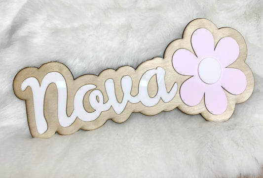 Acrylic Floral Name Sign with Wooden Back